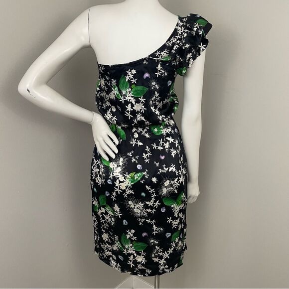 ISOLDA Frog Leaf Print Black Silk One Shoulder Ruffle Mini Dress - Picture 2 of 8